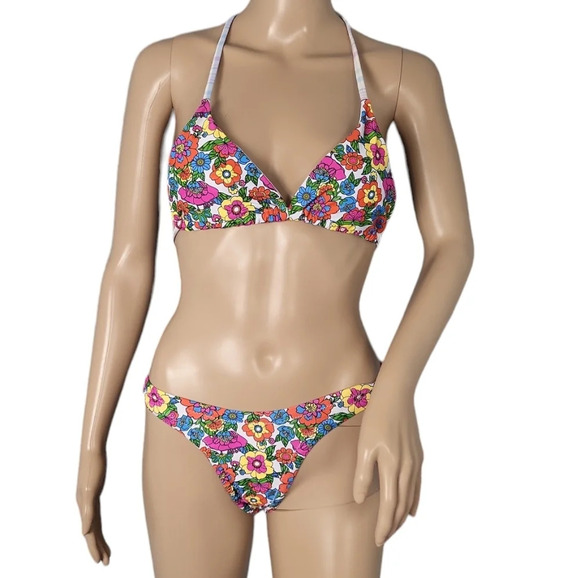 None Other - Orange Blue Yellow Floral Printed Bikini Set